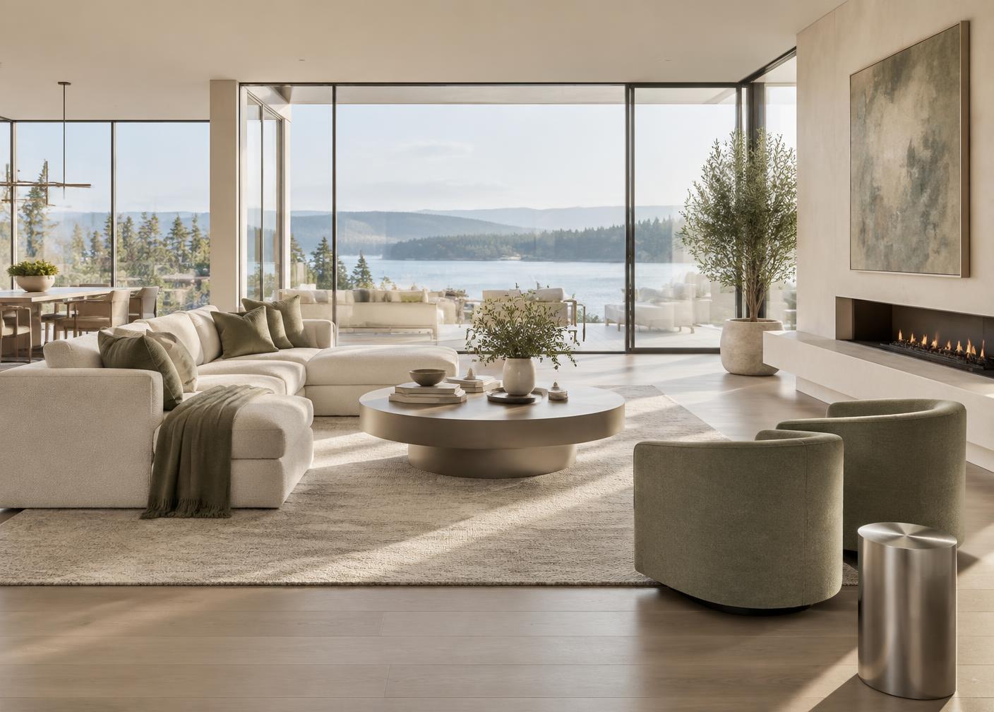 Bright luxury living room with lake views